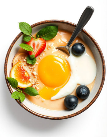 Bowl of breakfast porridge with egg, berries and yoghurt