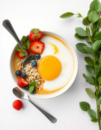 Breakfast with oatmeal, fresh berries and fried egg on white background