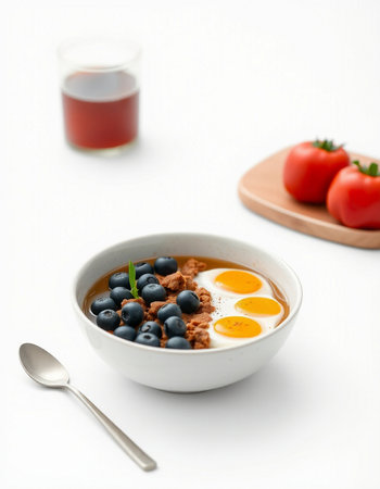 Healthy breakfast with yogurt, blueberries and eggs on white backgroundの写真素材