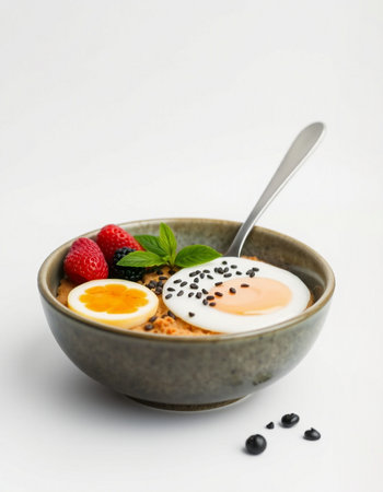 Healthy breakfast. Oatmeal porridge with fresh berries and egg in a bowl on white background