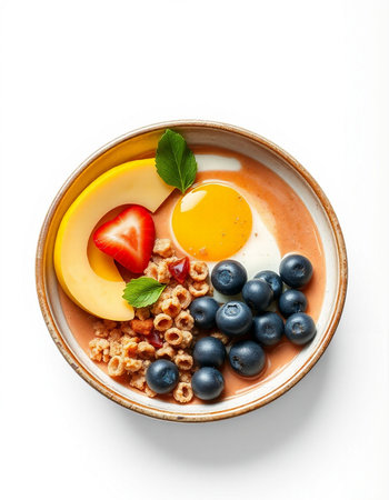 Breakfast bowl with oatmeal, berries and egg on white background