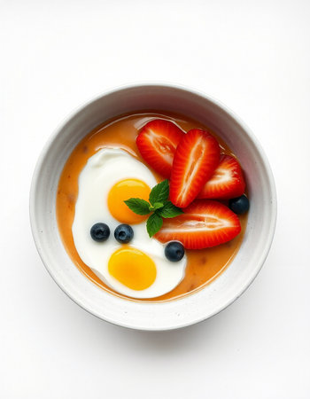 Fried eggs with strawberries and blueberries in a bowl on white backgroundの写真素材