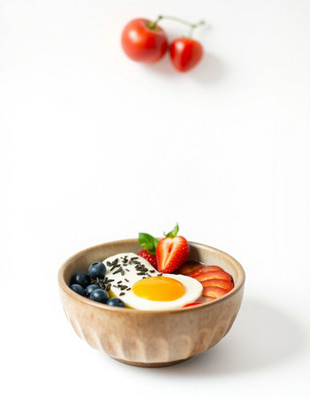 Healthy breakfast with omelette, strawberries and blueberries in wooden bowlの写真素材