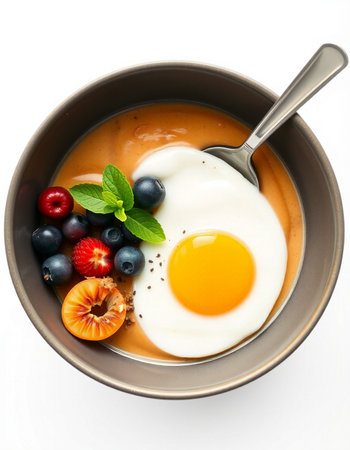 Yogurt with egg and berries in a bowl isolated on white background