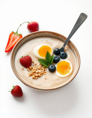 Bowl of oatmeal porridge with fresh berries and egg on white background