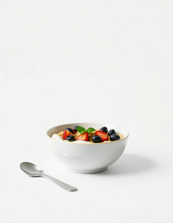 Yogurt with fresh berries in a bowl on a white background