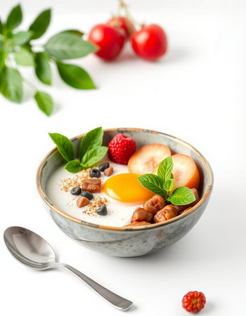 Healthy breakfast - oatmeal with yogurt, berries and fruits on white backgroundの写真素材