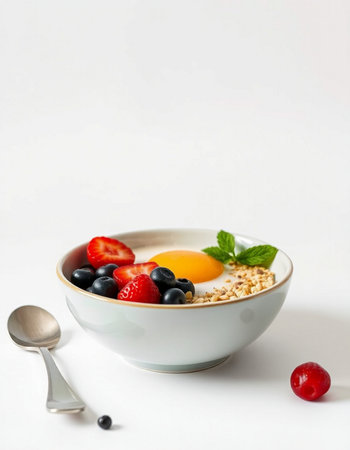 Healthy breakfast with oatmeal, fresh berries and egg on white background