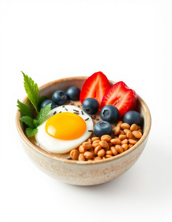Healthy breakfast with oatmeal, berries and egg on white background