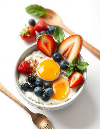 Oatmeal porridge with fresh berries and egg yolk on white backgroundの写真素材