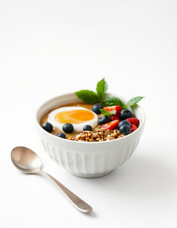 Healthy breakfast bowl with oatmeal, berries and egg on white background