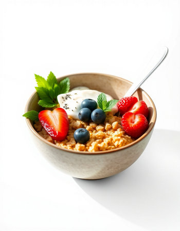 bowl of muesli with fresh berries and yogurt isolated on white