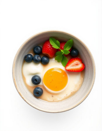 Bowl of oatmeal with fresh berries and eggs isolated on white background