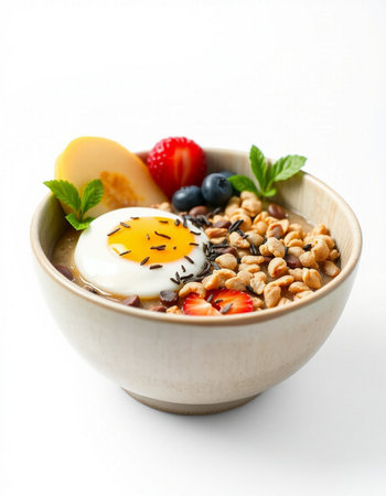 Bowl of oatmeal porridge with fresh berries and egg on white background