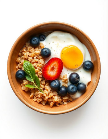 Bowl of oatmeal with fresh berries and egg on white backgroundの写真素材