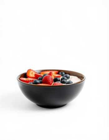 bowl of oatmeal with strawberries and blueberries on a white backgroundの写真素材