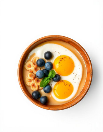 Bowl of breakfast with eggs, blueberries and toast isolated on white backgroundの写真素材