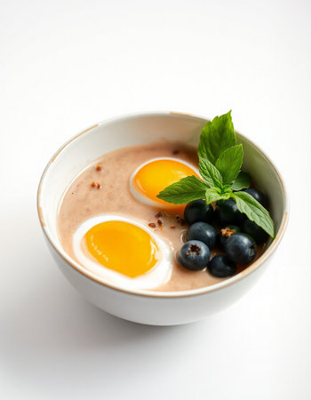 Eggs in a bowl with blueberries and mint on a white background