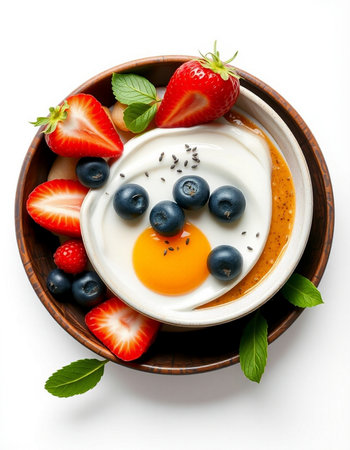 Fried egg with fresh berries in a bowl isolated on white background