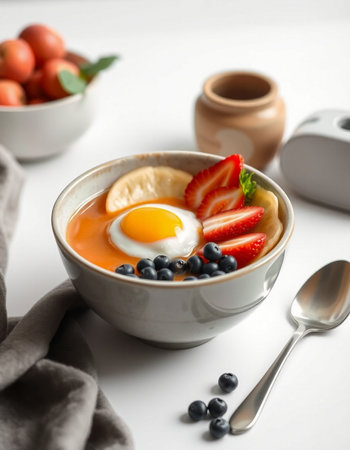 Delicious breakfast with egg in bowl on white table, closeup