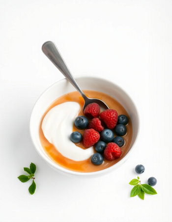 yogurt with fresh berries on a white background, top view