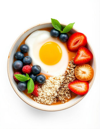 Breakfast bowl with omelette, berries and granola isolated on white background