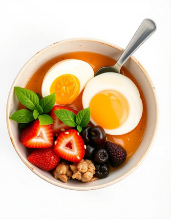 Breakfast with omelet, strawberries, cherries and walnuts