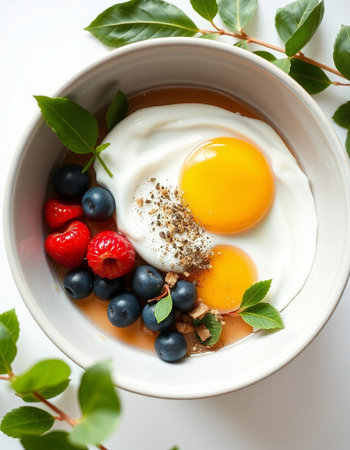 Breakfast with yogurt and fresh berries in a bowl, top view