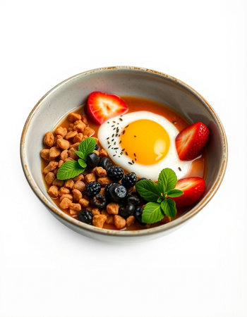 Breakfast with oatmeal, berries and fried egg on white background