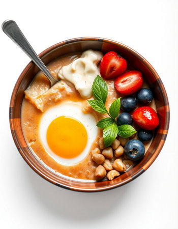 Breakfast bowl with egg, omelette and fresh berries on white background
