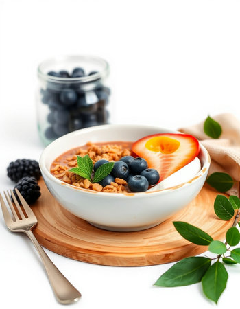 Healthy breakfast with muesli and berries on a white background