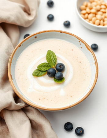 Soybean cream soup with blueberries and mint on a white backgroundの写真素材