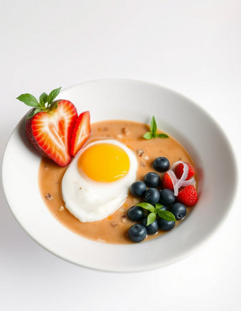 Stir-fried egg with strawberry and blueberry on white backgroundの写真素材