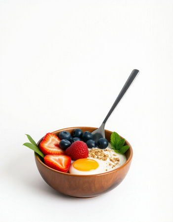 Healthy breakfast with oatmeal, fresh berries and egg on white backgroundの写真素材