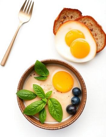 Fried eggs with blueberries and basil in a bowl on a white background