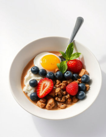 Breakfast with oatmeal, yogurt, berries and fried egg on white backgroundの写真素材