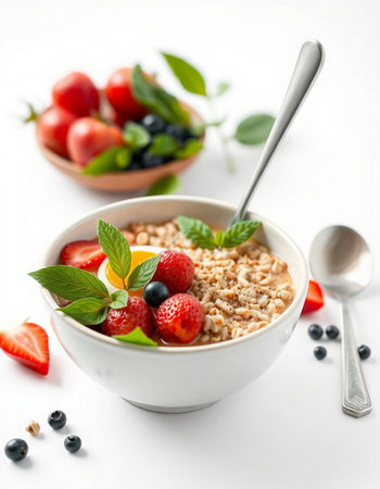 Healthy breakfast. Oatmeal with fresh berries and mint on white backgroundの写真素材