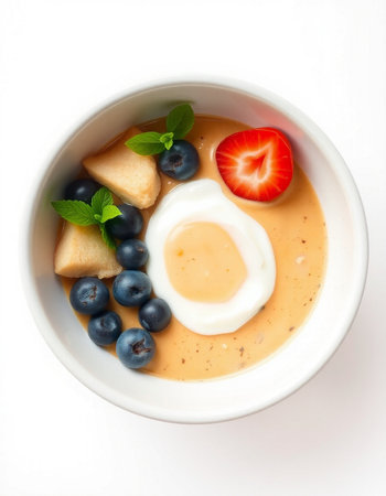 Creamy sour cream soup with strawberry and blueberry in white bowl