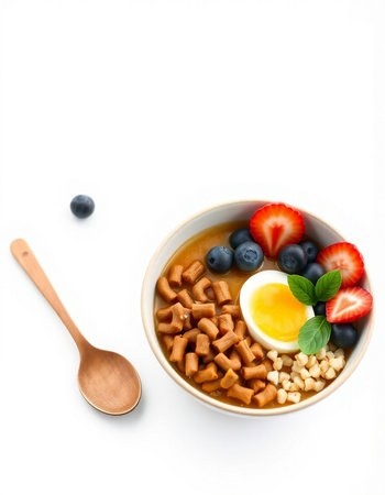 bowl of breakfast cereal with fresh blueberry and strawberry isolated on white background