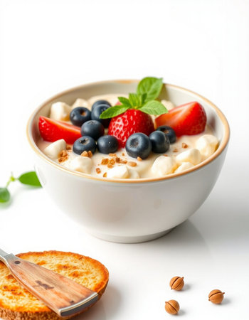 Healthy breakfast with muesli and fresh berries on white background