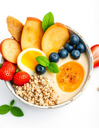 Healthy breakfast bowl with oatmeal, yogurt, berries and fruits