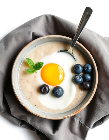 Bowl of porridge with blueberries and egg on white background