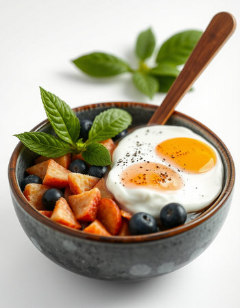 bowl of oatmeal with strawberries, blueberries and a fried egg