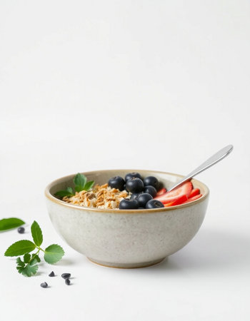 bowl of muesli with strawberries and blueberries on white backgroundの写真素材