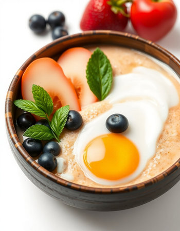 Breakfast with omelet and berries in bowl, closeup