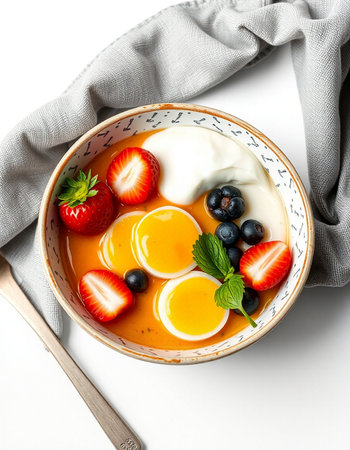 Tasty breakfast with yogurt and berries in bowl on white background, top view