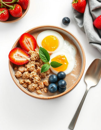 Healthy breakfast with oatmeal, eggs and berries on white background