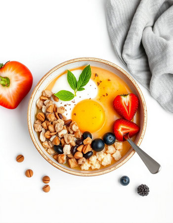 Breakfast bowl with oatmeal, berries and fried egg on white background