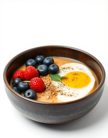 Yogurt with fresh berries in a ceramic bowl on a white background