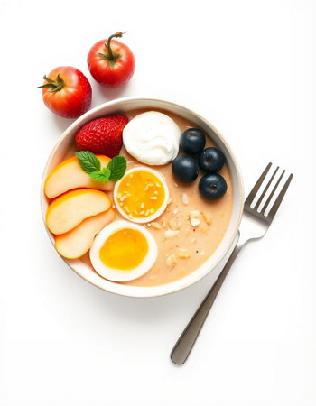 Bowl of omelet with fruits and yogurt isolated on white background